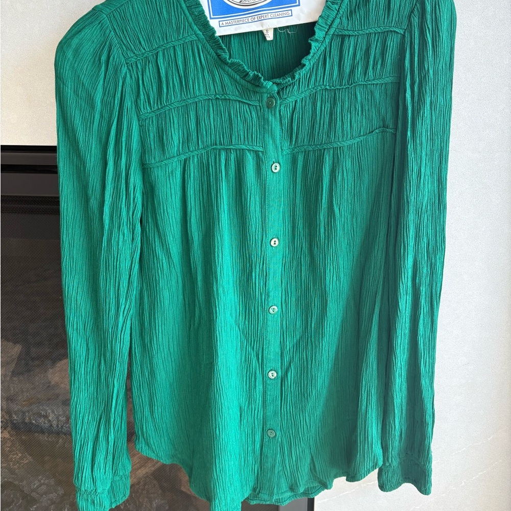 Emerald Green Ruched Long Sleeve Blouse with Mandarin Collar